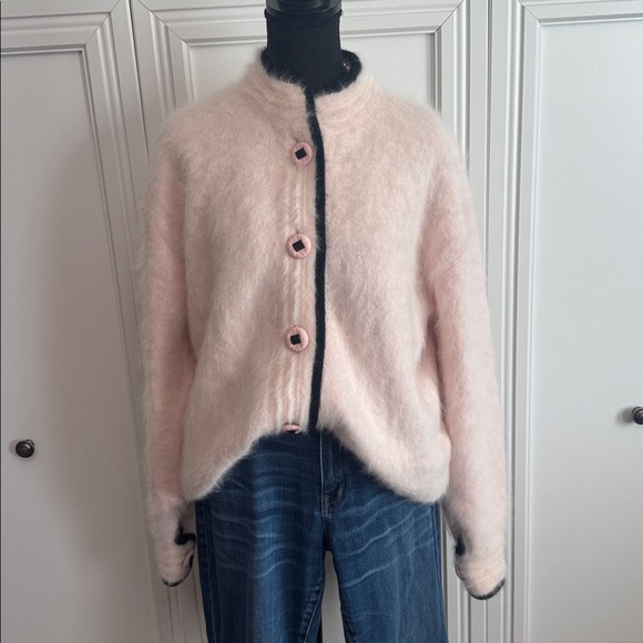 Angora Button-Up Cardigan Black and Pink - Picture 1 of 6